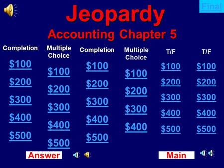 Main New Question Answer Jeopardy Accounting Chapter 5 Jeopardy Accounting Chapter 5 Completion $100 $200 $300 $400 $500 Multiple Choice $100 $200 $300.