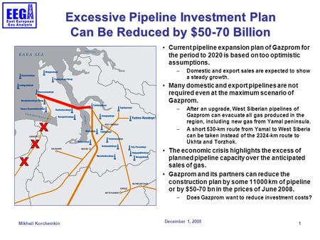 December 1, 2008 Mikhail Korchemkin 1 Excessive Pipeline Investment Plan Can Be Reduced by $50-70 Billion Current pipeline expansion plan of Gazprom for.