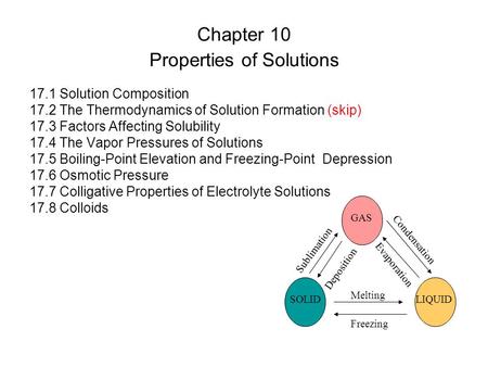 Chapter 10 Properties of Solutions 17.1 Solution Composition 17.2 The Thermodynamics of Solution Formation (skip) 17.3 Factors Affecting Solubility 17.4.