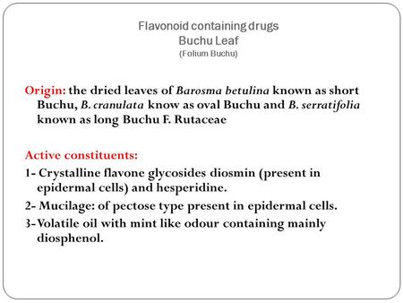 Flavonoid containing drugs Buchu Leaf (Folium Buchu)