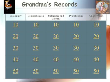 Grandma’s Records VocabularyComprehensionCategorize and Classify Plural NounsGuide Words 10 20 30 40 50.