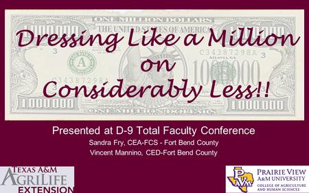 Presented at D-9 Total Faculty Conference Sandra Fry, CEA-FCS - Fort Bend County Vincent Mannino, CED-Fort Bend County Dressing Like a Million on Considerably.