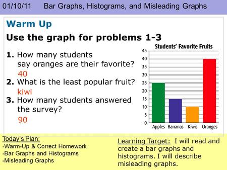01/10/11 Bar Graphs, Histograms, and Misleading Graphs Today’s Plan: -Warm-Up & Correct Homework -Bar Graphs and Histograms -Misleading Graphs Learning.
