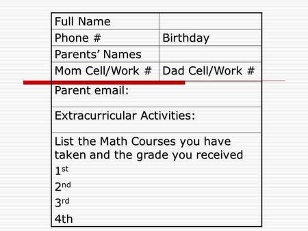 Full Name Phone # Birthday Parents’ Names Mom Cell/Work #