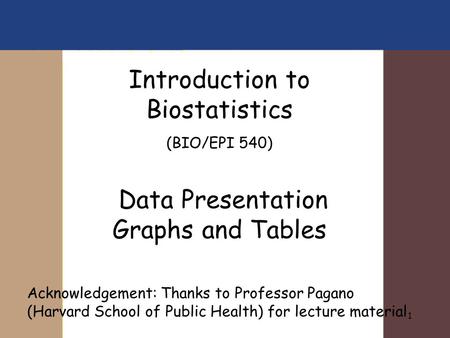 1 Introduction to Biostatistics (BIO/EPI 540) Data Presentation Graphs and Tables Acknowledgement: Thanks to Professor Pagano (Harvard School of Public.