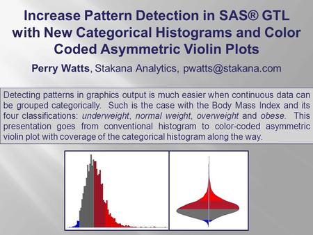 Increase Pattern Detection in SAS® GTL with New Categorical Histograms and Color Coded Asymmetric Violin Plots Perry Watts, Stakana Analytics,