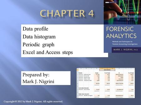Data profile Data histogram Periodic graph Excel and Access steps Prepared by: Mark J. Nigrini Copyright © 2012 by Mark J. Nigrini. All rights reserved.