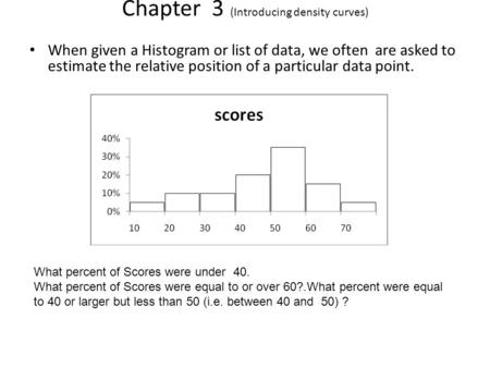 Chapter 3 (Introducing density curves) When given a Histogram or list of data, we often are asked to estimate the relative position of a particular data.