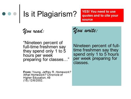 Is it Plagiarism? You read: “Nineteen percent of full-time freshmen say they spend only 1 to 5 hours per week preparing for classes…” From: Young, Jeffrey.