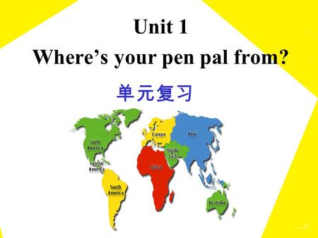 Unit 1 Where’s your pen pal from? 单元复习. 1. Canada 2. France 3. Japan 4. the United States 5. Australia 6. Singapore 7. the United Kingdom 8. China country.