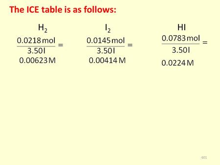 The ICE table is as follows: H 2 I 2 HI 601. The ICE table is as follows: H 2 I 2 HI 602.