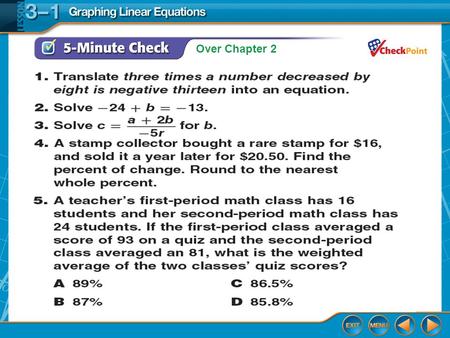Over Chapter 2. Splash Screen Graphing Linear Equations Lesson 3-1.