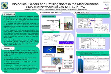 Bio-optical Gliders and Profiling floats in the Mediterranean ARGO SCIENCE WORKSHOP – MARCH 13 – 18, 2006 Fabrizio D’Ortenzio 1, Katarzyna Niewiadomska.