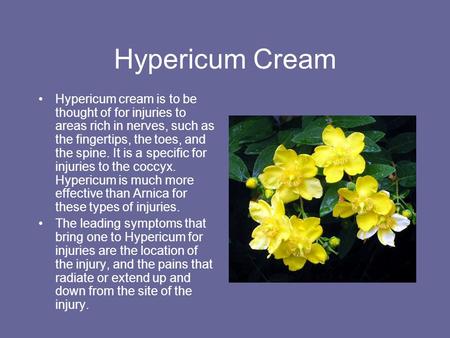 Hypericum Cream Hypericum cream is to be thought of for injuries to areas rich in nerves, such as the fingertips, the toes, and the spine. It is a specific.