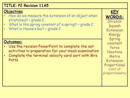 TITLE: P2 Revision 11A5 Objectives How do we measure the extension of an object when stretched? – grade C What is the spring constant of a spring? – grade.