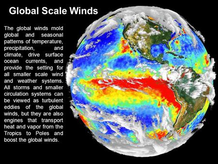 Global Scale Winds The global winds mold global and seasonal patterns of temperature, precipitation, and climate, drive surface ocean currents, and provide.