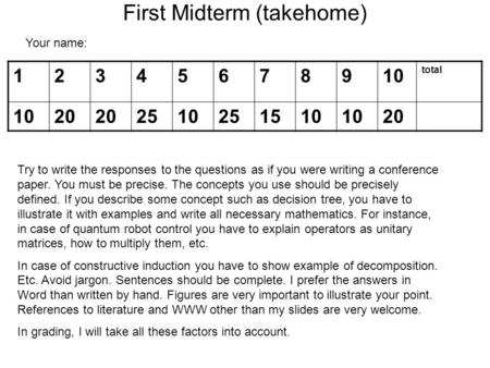 First Midterm (takehome) Your name: 12345678910 total 1020 2510251510 20 Try to write the responses to the questions as if you were writing a conference.