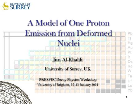 1 A Model of One Proton Emission from Deformed Nuclei Jim Al-Khalili University of Surrey, UK PRESPEC Decay Physics Workshop University of Brighton, 12-13.