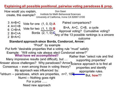 But, how?? Explaining all possible positional, pairwise voting paradoxes & prop. Don Saari Institute for Math Behavioral Sciences University of California,