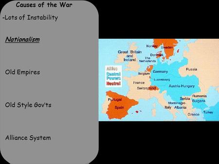 Causes of the War -Lots of Instability Nationalism Old Empires Old Style Gov’ts Alliance System.