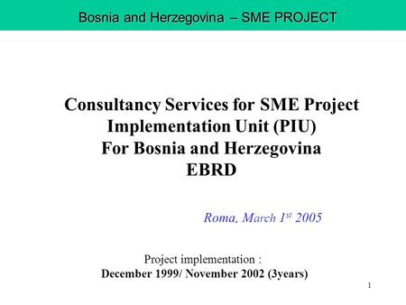 1 Project implementation : December 1999/ November 2002 (3years) Consultancy Services for SME Project Implementation Unit (PIU) For Bosnia and Herzegovina.