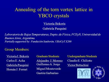 Annealing of the torn vortex lattice in YBCO crystals Victoria Bekeris Gabriela Pasquini Laboratorio de Bajas Temperaturas, Depto. de Física, FCEyN, Universidad.