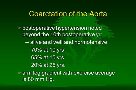 Coarctation of the Aorta F postoperative hypertension noted beyond the 10th postoperative yr: -- alive and well and normotensive -- alive and well and.