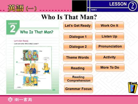 Who Is That Man? Let’s Get Ready Dialogue 1 Dialogue 2 Grammar Focus Listen Up Pronunciation Theme Words Reading Comprehension Work On It Activity More.