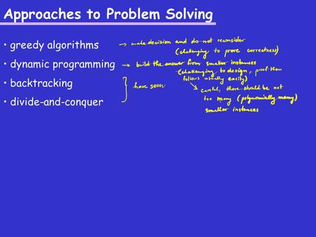 Approaches to Problem Solving greedy algorithms dynamic programming backtracking divide-and-conquer.