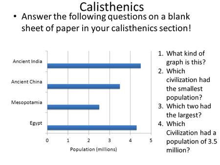 Calisthenics Answer the following questions on a blank sheet of paper in your calisthenics section! 1.What kind of graph is this? 2.Which civilization.