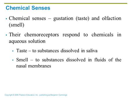 Copyright © 2006 Pearson Education, Inc., publishing as Benjamin Cummings Chemical Senses  Chemical senses – gustation (taste) and olfaction (smell) 