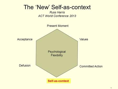 1 Psychological Flexibility Present Moment Defusion AcceptanceValues Committed Action Self-as-context 1 The ‘New’ Self-as-context Russ Harris ACT World.