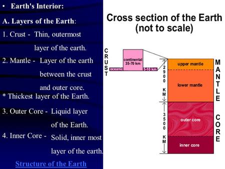 Earth's Interior:Earth's Interior: A. Layers of the Earth: 1. Crust -Thin, outermost layer of the earth. 2. Mantle -Layer of the earth between the crust.