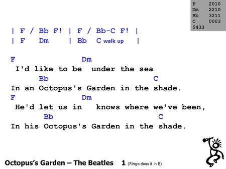 Octopus’s Garden – The Beatles 1 (Ringo does it in E) | F / Bb F! | F / Bb-C F! | | F Dm | Bb C walk up | F Dm I'd like to be under the sea Bb C In an.