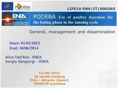 1 PODEBA Use of poultry dejection for the bating phase in the tanning cycle Alice Dall’Ara– ENEA Sergio Sangiorgi - ENEA 12/06/2013 18 month meeting Elda.