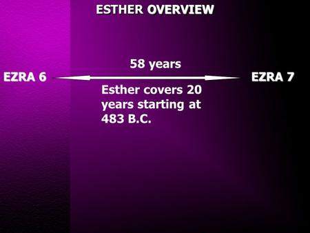 OVERVIEW ESTHER OVERVIEW ESTHER OVERVIEW EZRA 6 EZRA 7 58 years Esther covers 20 years starting at 483 B.C.