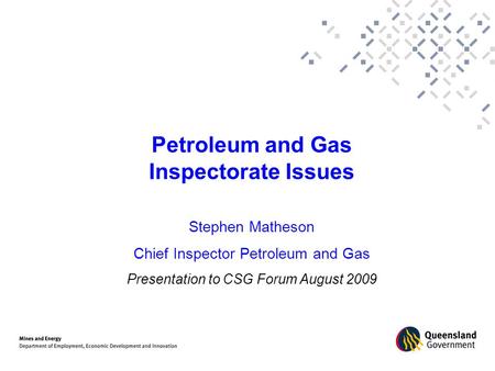 Petroleum and Gas Inspectorate Issues Stephen Matheson Chief Inspector Petroleum and Gas Presentation to CSG Forum August 2009.