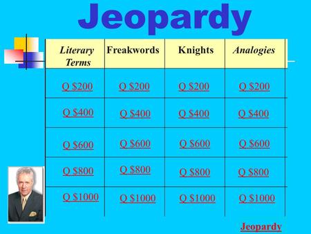 Jeopardy Literary Terms FreakwordsKnightsAnalogies Q $200 Q $400 Q $600 Q $800 Q $1000 Q $200 Q $400 Q $600 Q $800 Q $1000 Jeopardy.