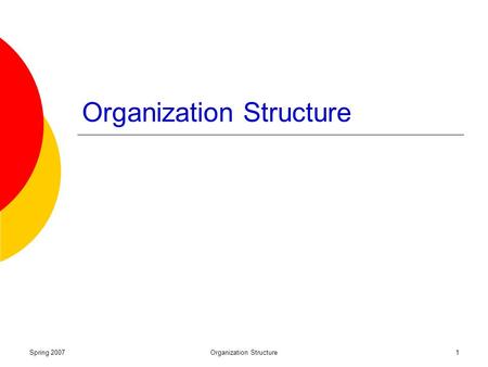 Spring 2007Organization Structure1. Spring 2007Organization Structure2 Why Organizations Are Structured Organizing: The deployment and structuring of.