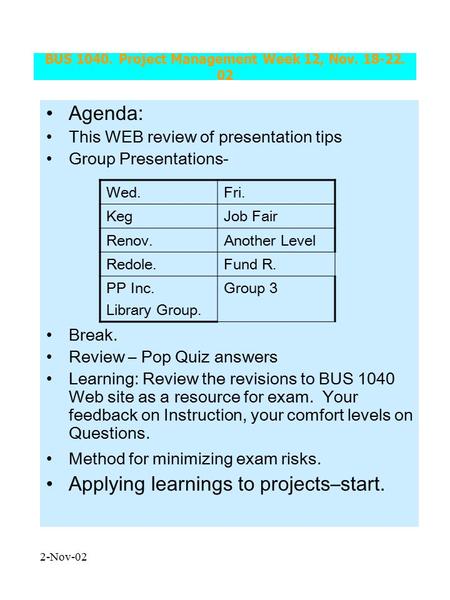 2-Nov-02 BUS 1040. Project Management Week 12, Nov. 18-22. 02 Agenda: This WEB review of presentation tips Group Presentations- Break. Review – Pop Quiz.