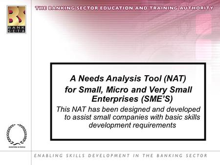 A Needs Analysis Tool (NAT) for Small, Micro and Very Small Enterprises (SME’S) This NAT has been designed and developed to assist small companies with.