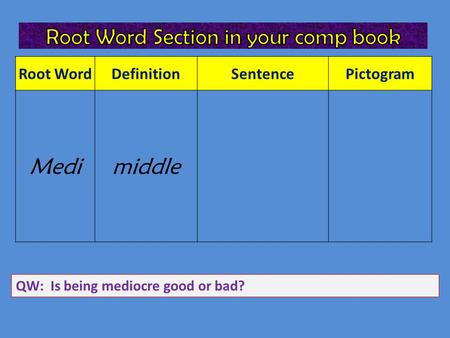 Root WordDefinitionSentencePictogram Medimiddle QW: Is being mediocre good or bad?