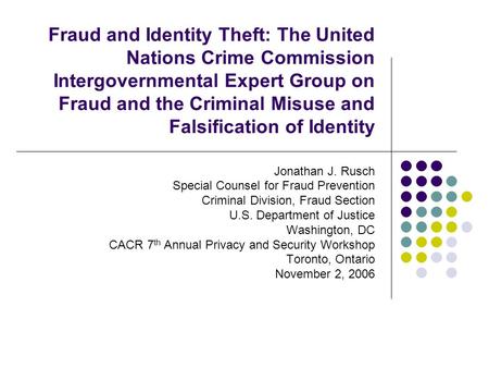 Fraud and Identity Theft: The United Nations Crime Commission Intergovernmental Expert Group on Fraud and the Criminal Misuse and Falsification of Identity.