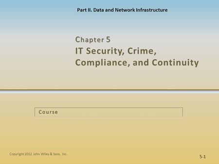 IT Security, Crime, Compliance, and Continuity C hapter 5 5-1 Copyright 2012 John Wiley & Sons, Inc. Course Part II. Data and Network Infrastructure.