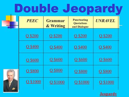 Double Jeopardy PEEC Grammar & Writing Punctuating Quotations and Dialogue UNRAVEL Q $200 Q $400 Q $600 Q $800 Q $1000 Q $200 Q $400 Q $600 Q $800 Q $1000.