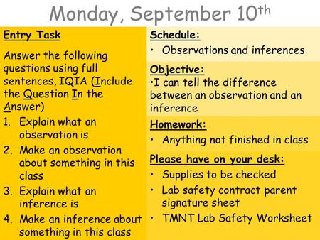 Monday, September 10 th Entry Task Answer the following questions using full sentences, IQIA (Include the Question In the Answer) 1.Explain what an observation.