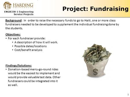 ENGR330-1 Engineering Service Projects Project: Fundraising Image from Project Background: In order to raise the necessary funds to go to Haiti, one or.