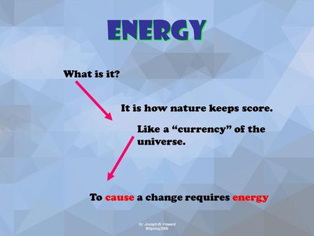 Dr. Joseph W. Howard ©Spring 2008 Energy What is it? It is how nature keeps score. Like a “currency” of the universe. To cause a change requires energy.