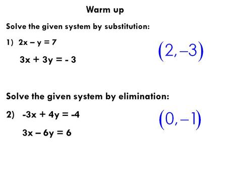 Solve the given system by elimination: 2) -3x + 4y = -4 3x – 6y = 6