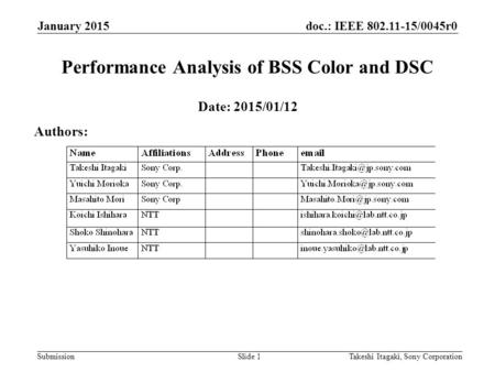 Doc.: IEEE 802.11-15/0045r0 Submission January 2015 Takeshi Itagaki, Sony CorporationSlide 1 Performance Analysis of BSS Color and DSC Date: 2015/01/12.